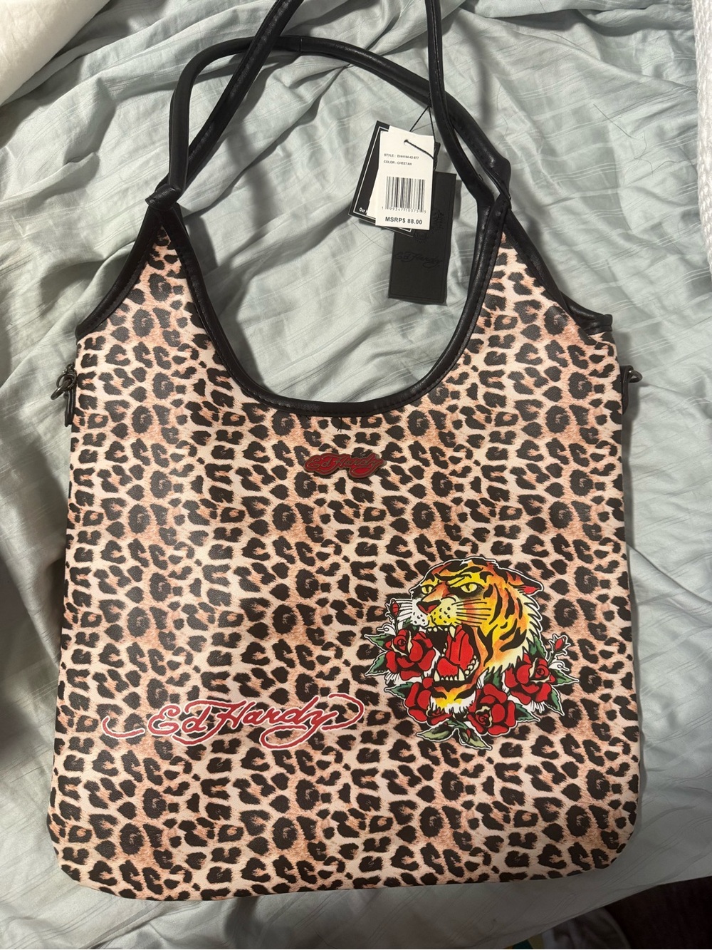 Ed Hardy Leopard-Print Shoulder Bag with Tiger & Rose Motif - Black Trim